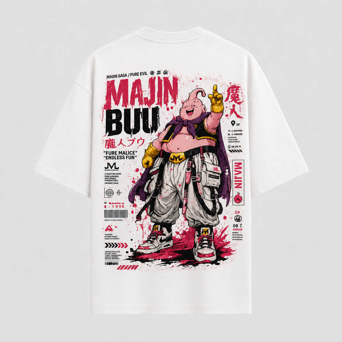 Dragon Ball Anime Graphic Tee - Endless Fun: Majin Buu, Magenta Splatter and a Raised Finger