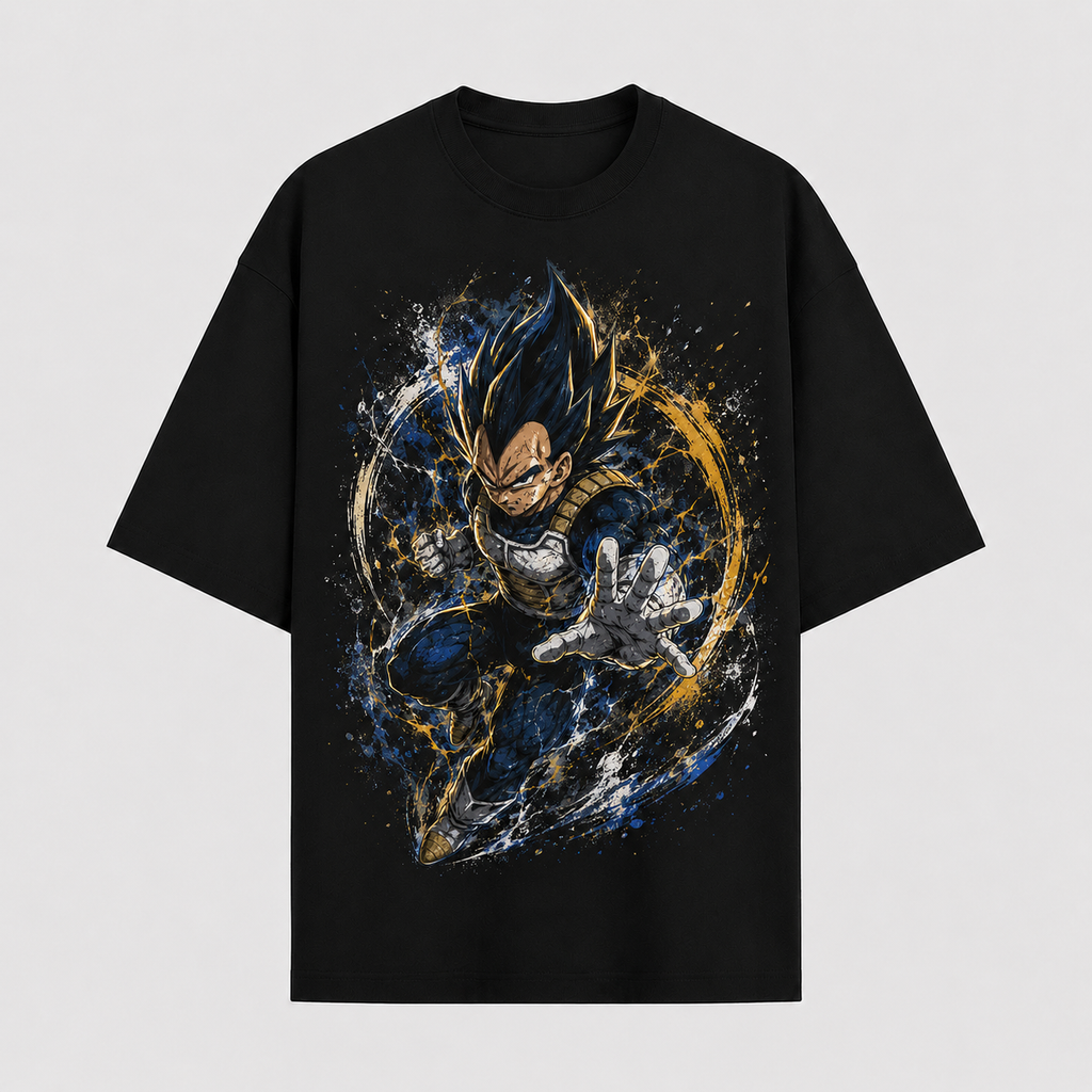Dragon Ball Anime Graphic Tee - Obsidian Charge: Vegeta, Gold Arcs and Explosive Form