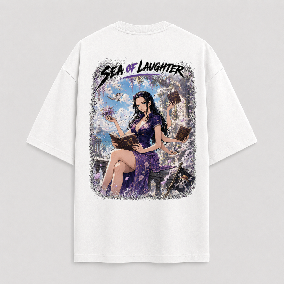 One Piece Anime Graphic Tee - Sea of Laughter: Nico Robin, Violet Calm and Ancient Pages