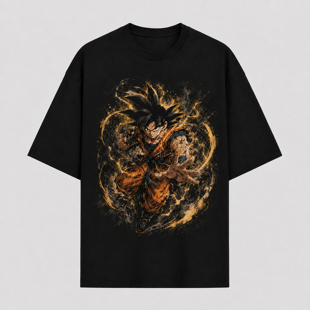 Dragon Ball Anime Graphic Tee - Amber Surge: Goku Unleashed, Directional