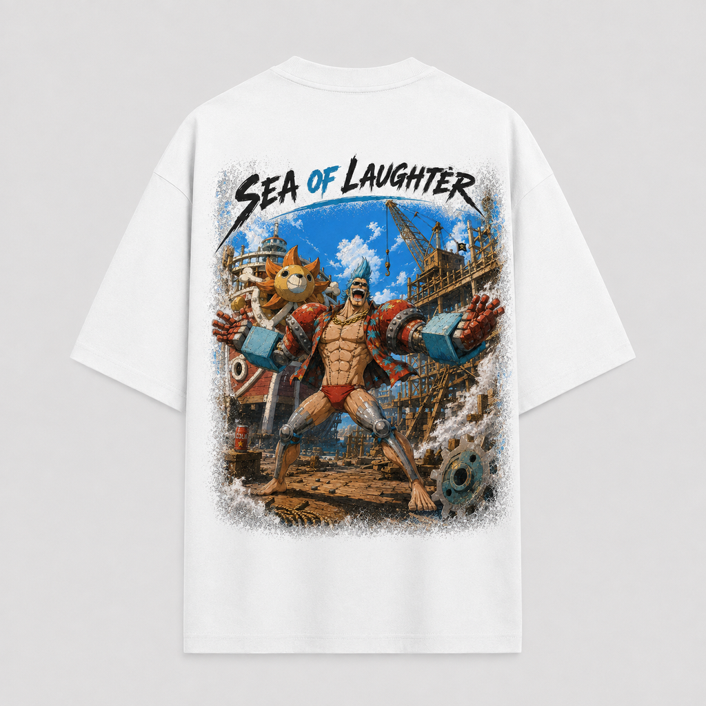 One Piece Anime Graphic Tee - Sea of Laughter: Franky, Dockyard Stance in Full Motion