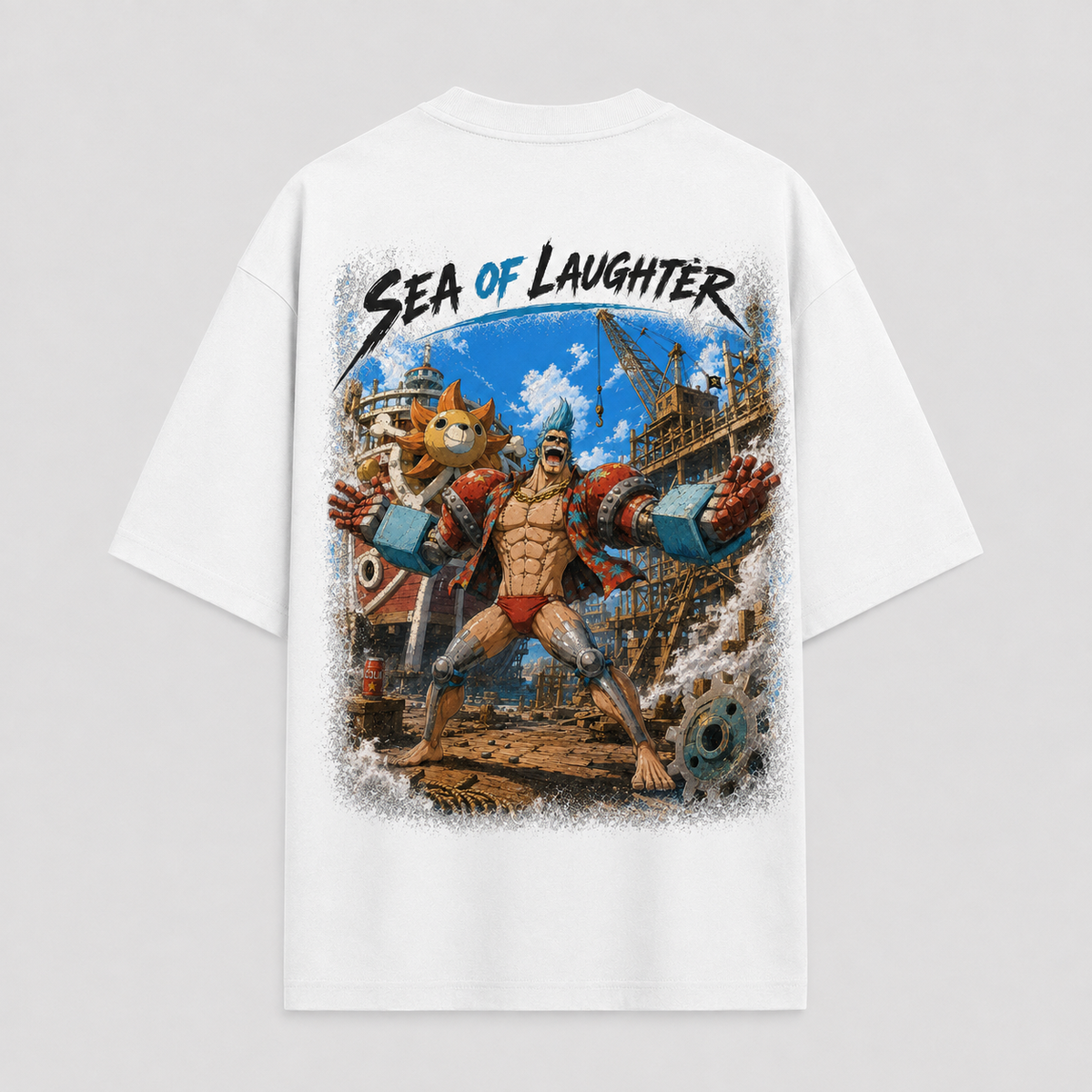One Piece Anime Graphic Tee - Sea of Laughter: Franky, Dockyard Stance in Full Motion