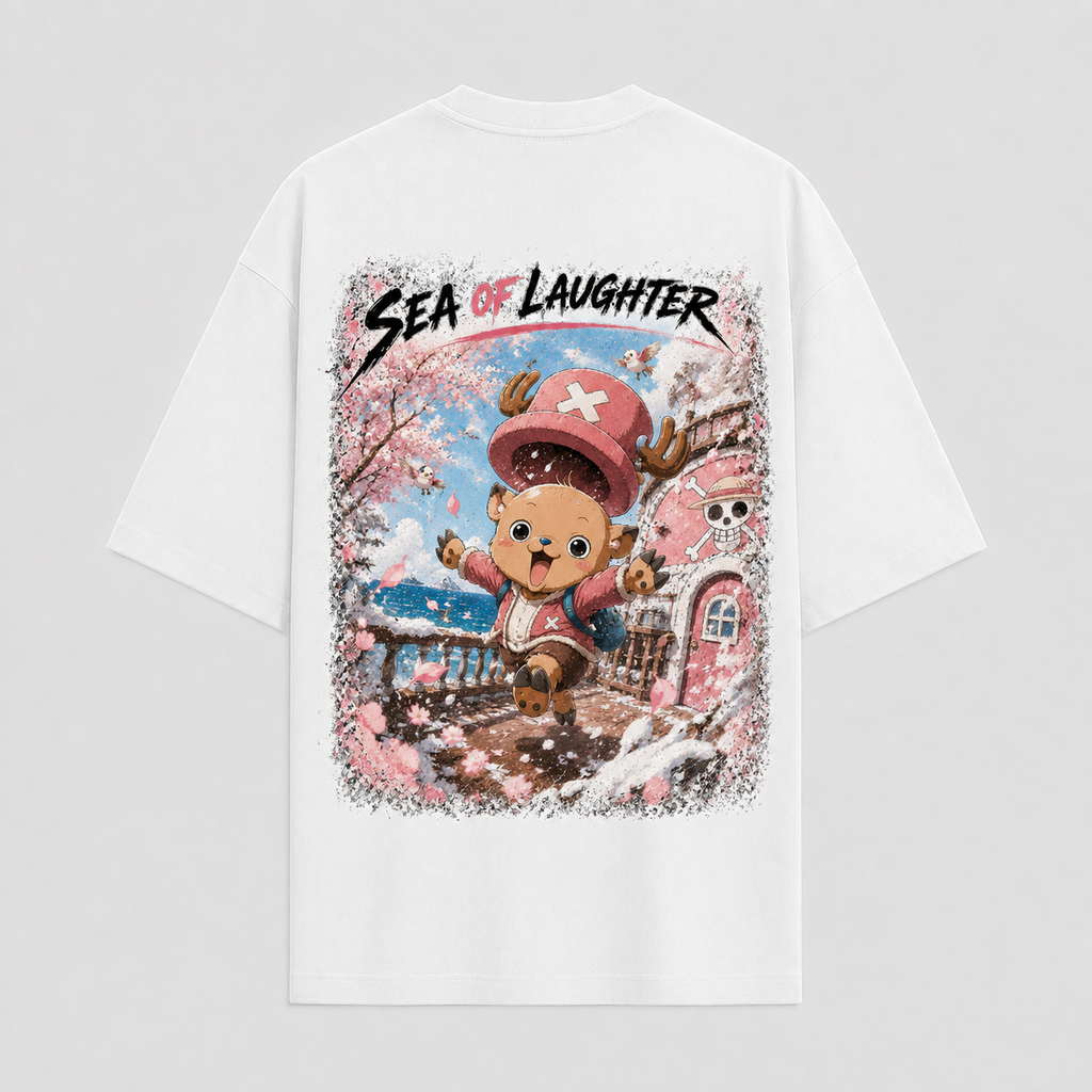 One Piece Anime Graphic Tee - Sea of Laughter: Chopper in Blossom, Movement and Joy