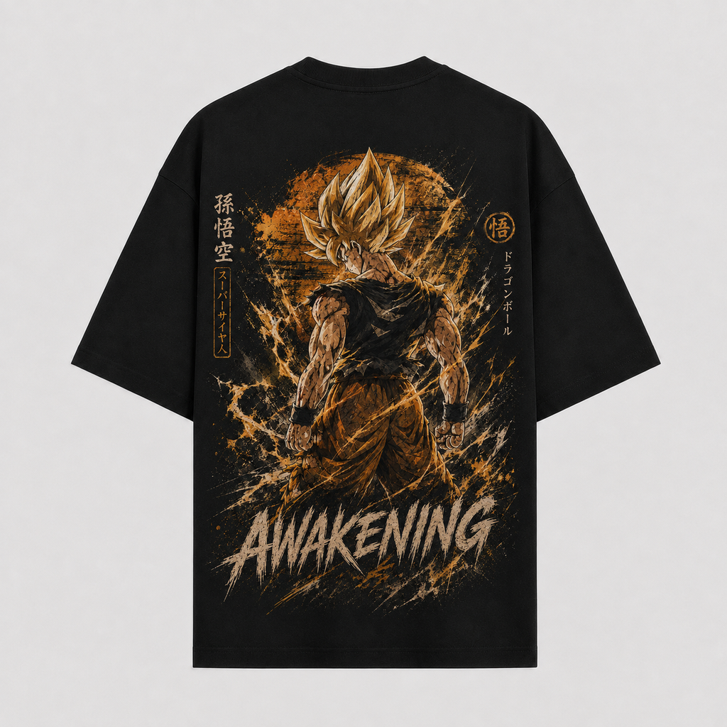 Dragon Ball Anime Graphic Tee - Awakening: Goku Mid-Transformation, Raw Power in Gold
