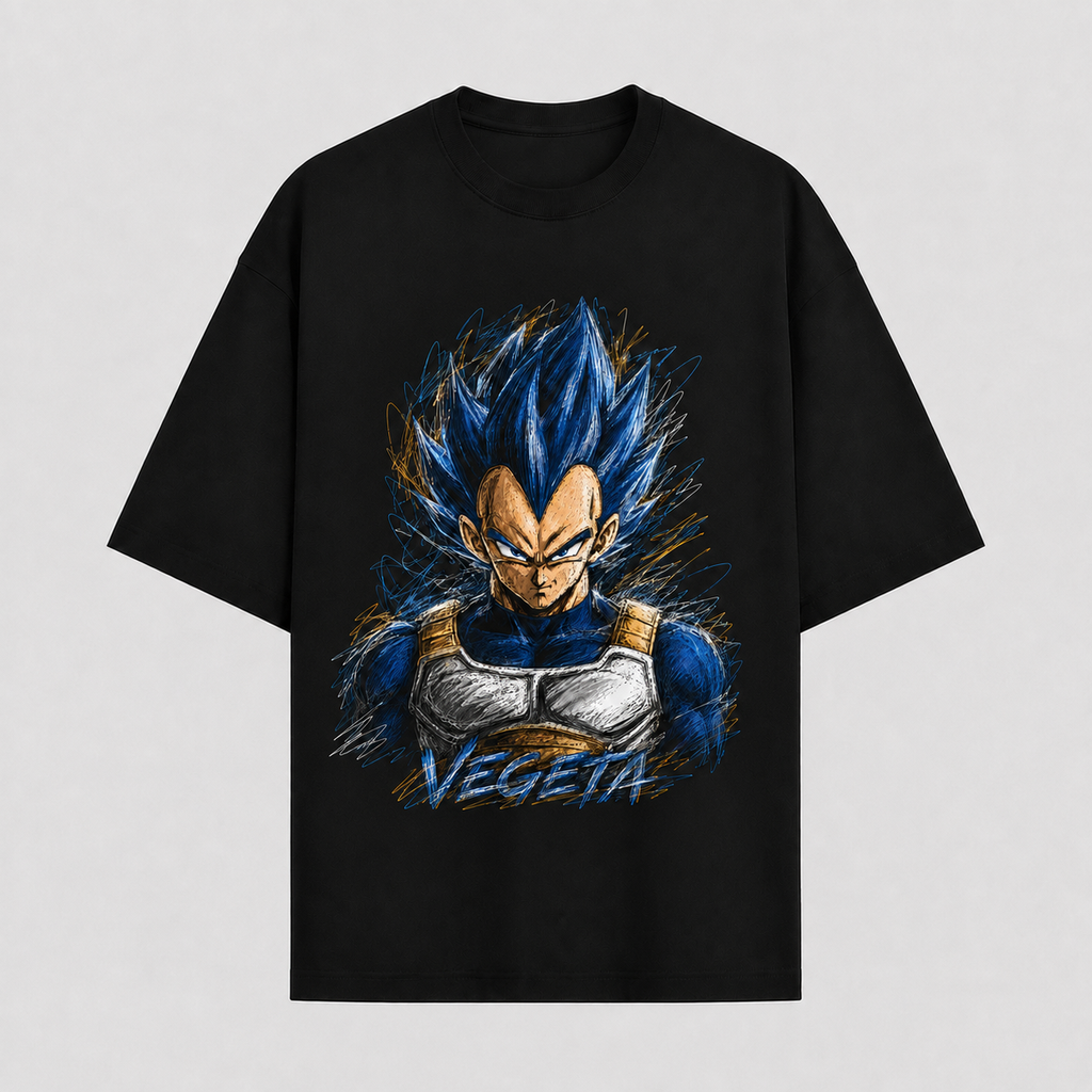 Dragon Ball Anime Graphic Tee - Controlled Chaos: Vegeta's Unbroken Stare in Blue Ink