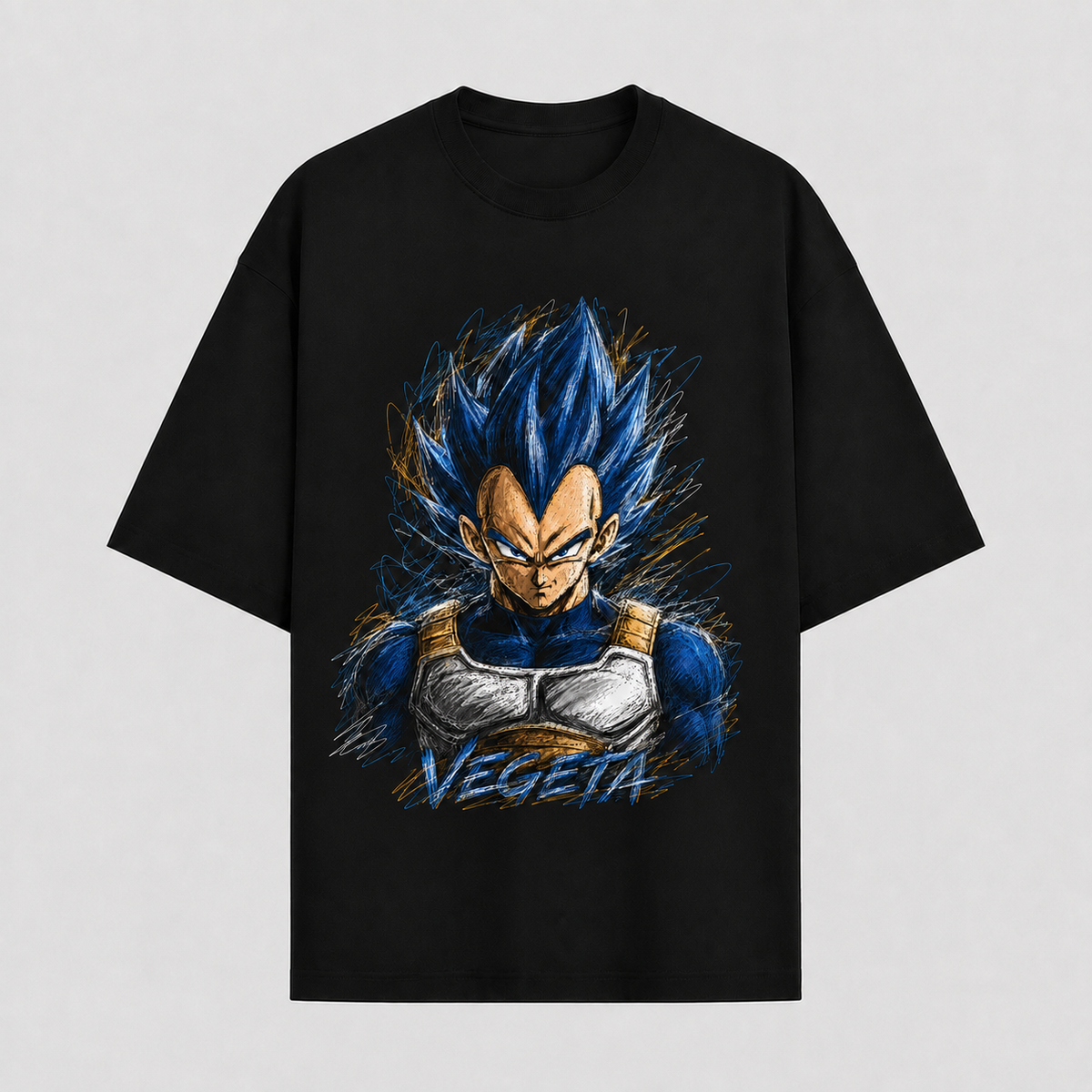Dragon Ball Anime Graphic Tee - Controlled Chaos: Vegeta's Unbroken Stare in Blue Ink
