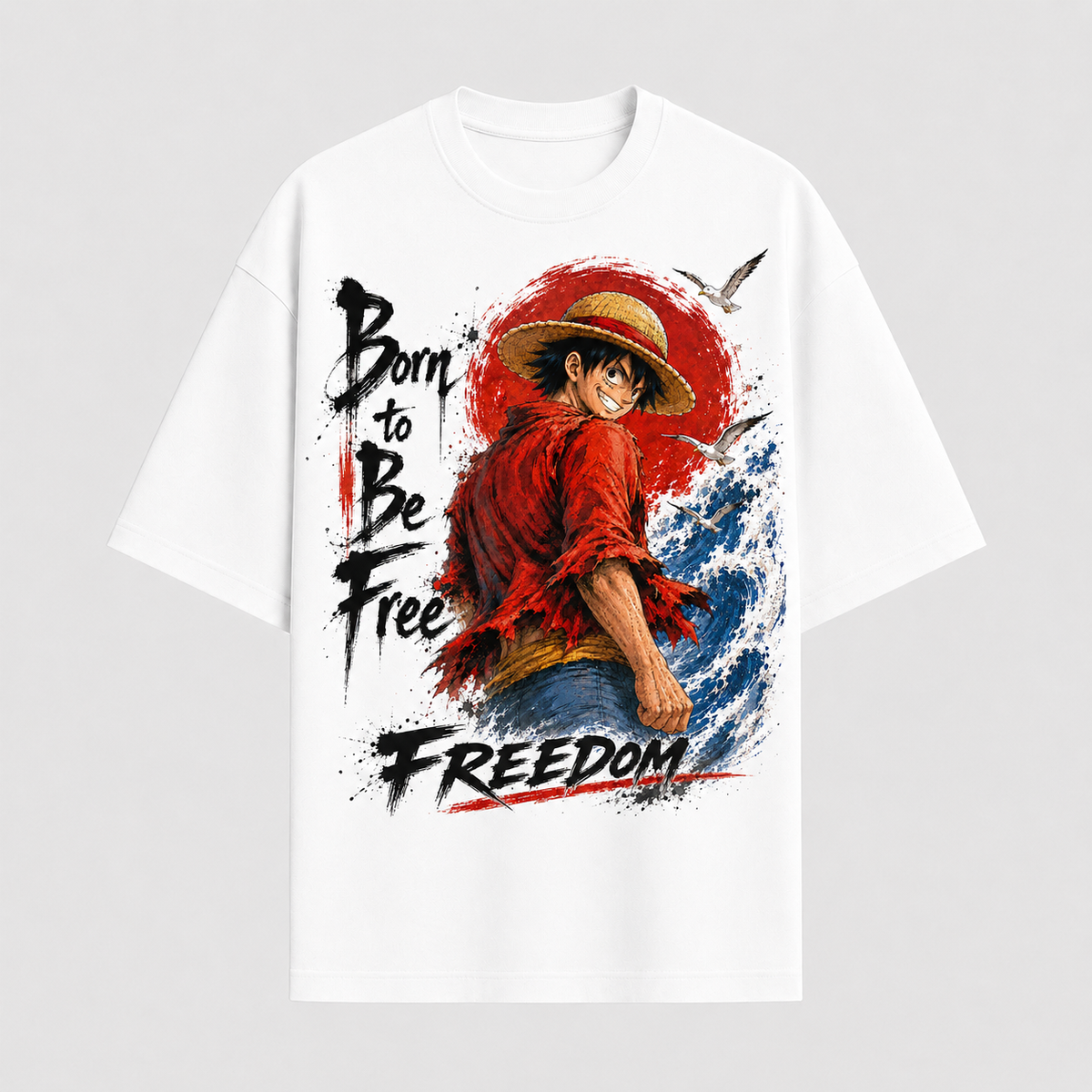 One Piece Anime Graphic Tee - Born to Be Free: Luffy, the Red Sun and a Backward Glance
