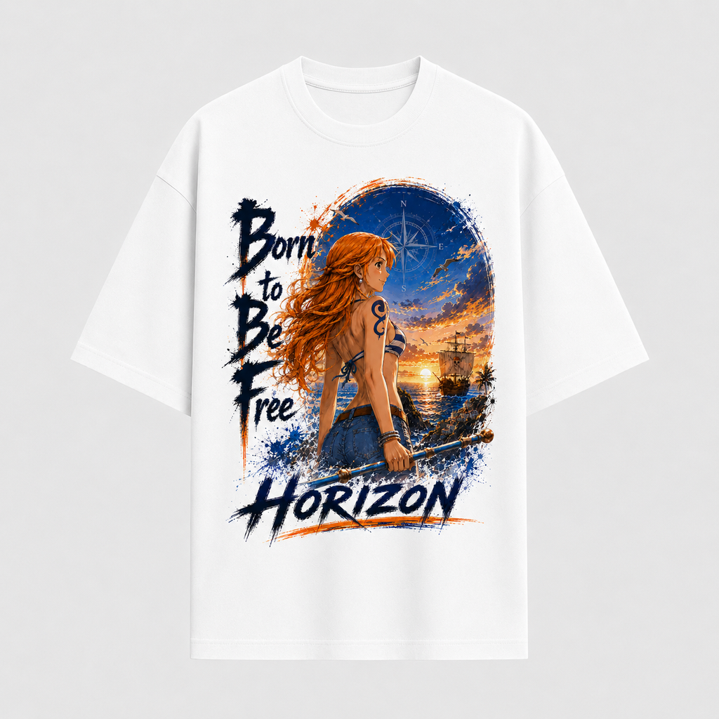 One Piece Anime Graphic Tee - Born to Be Free: Nami and the Horizon She Chose