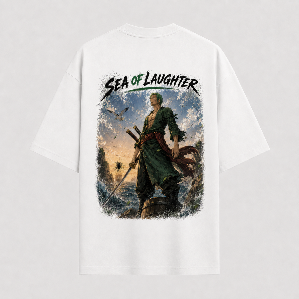 One Piece Anime Graphic Tee - Sea of Laughter: Zoro's Steady Stance Above the Tide