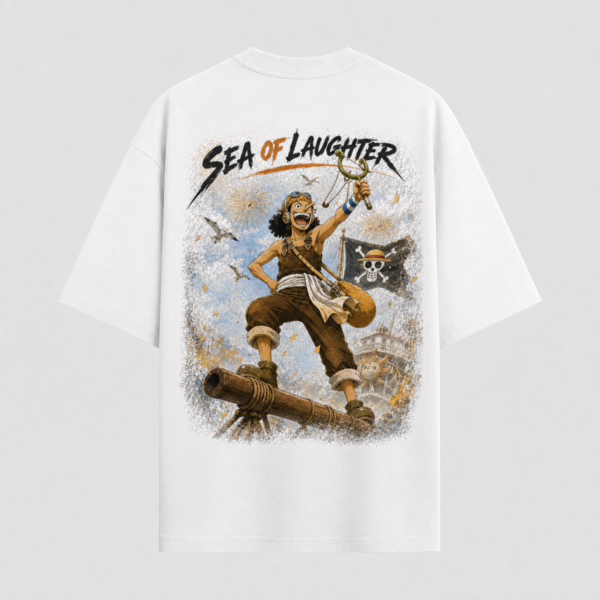 One Piece Anime Graphic Tee - Sea of Laughter: Usopp, the Cannon and the Raised Slingshot