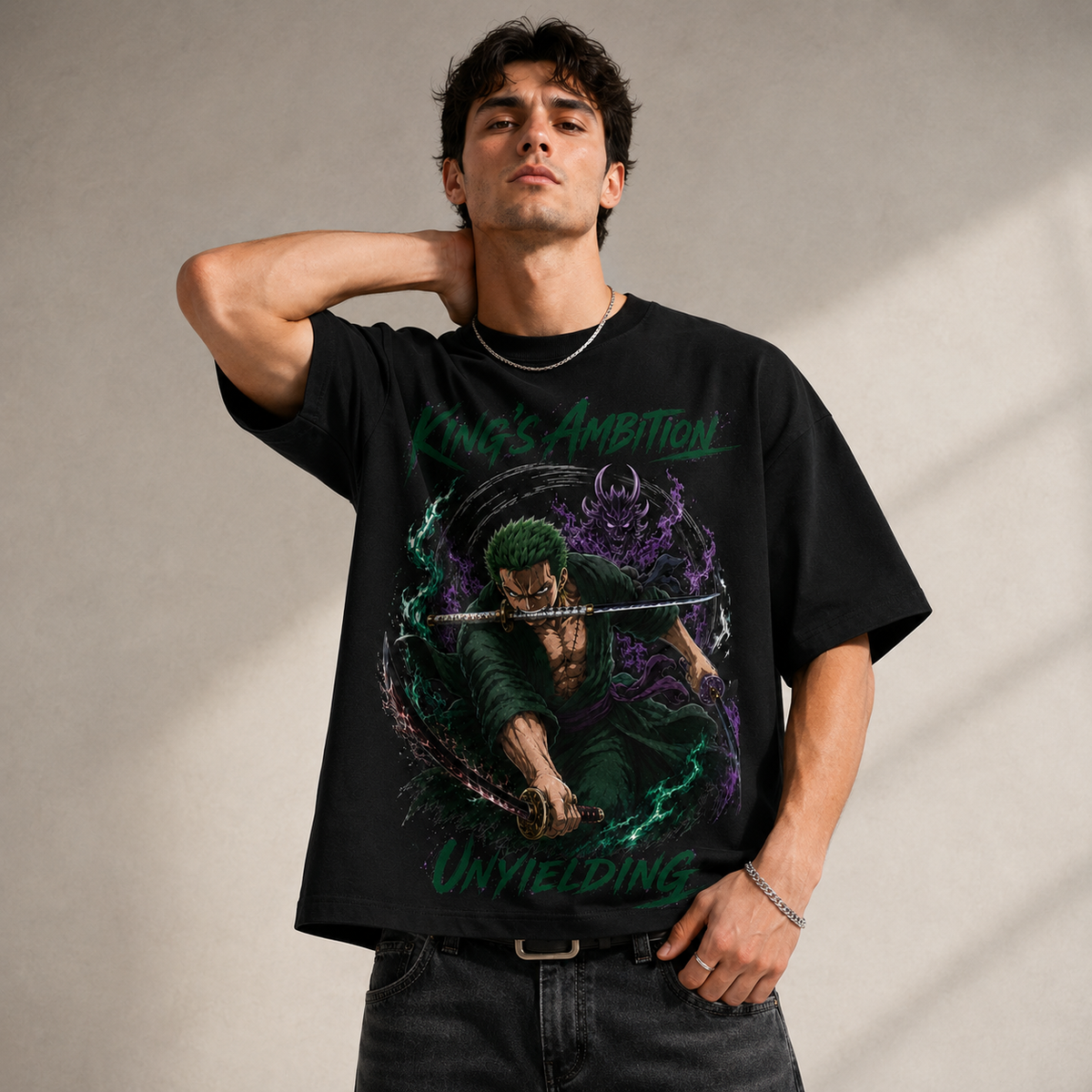 One Piece Anime Graphic Tee - King's Ambition Unyielding: Zoro Three-Sword Strike