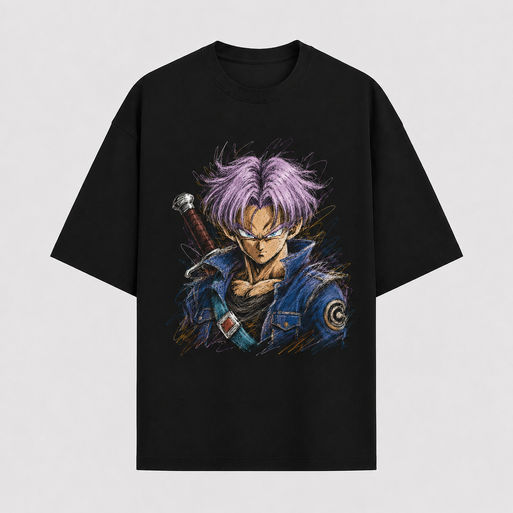 Dragon Ball Anime Graphic Tee - Sketched Resolve: Trunks, Lavender Lines and a Steady Stare