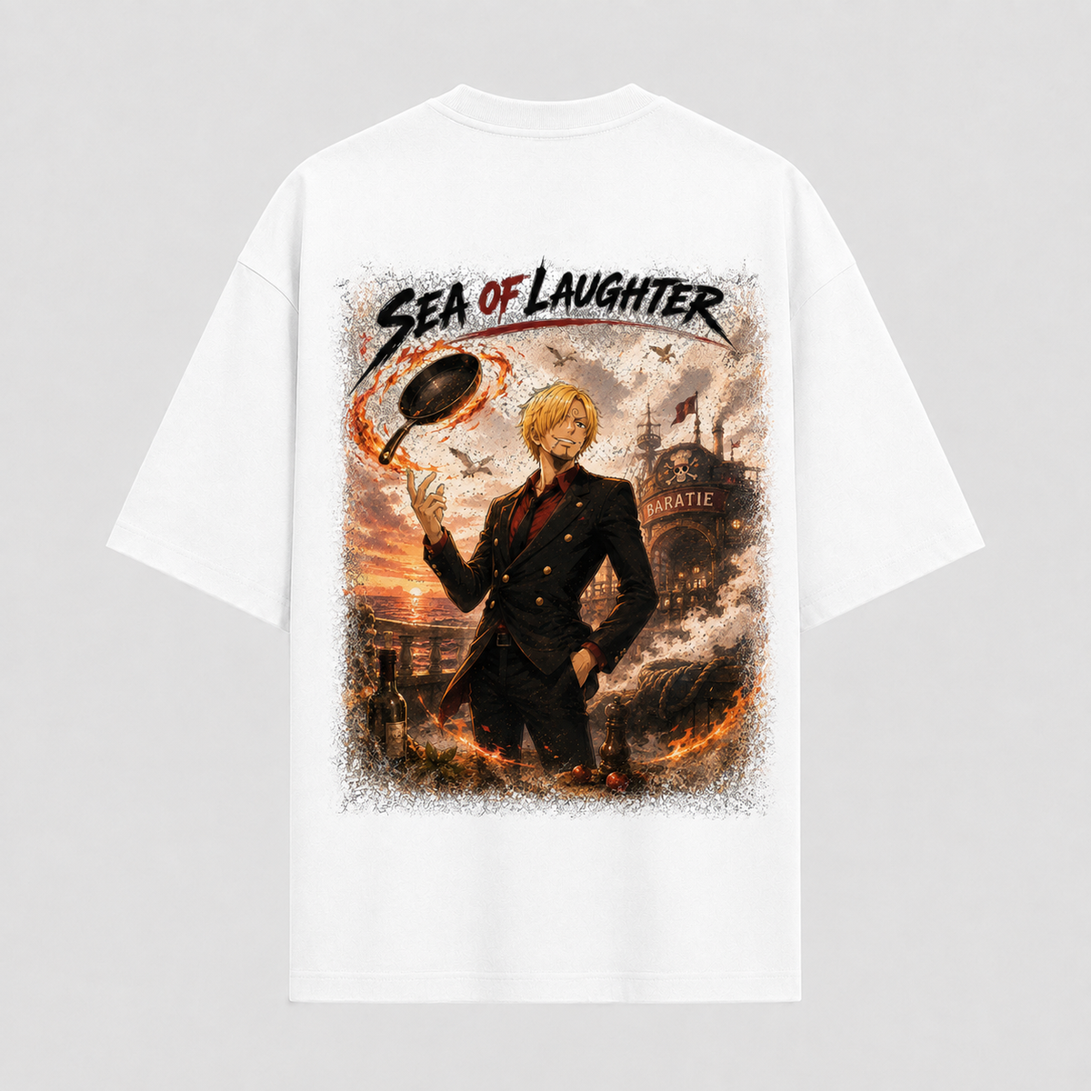 One Piece Anime Graphic Tee - Sea of Laughter: Sanji, the Spinning Pan and the Baratie Glow