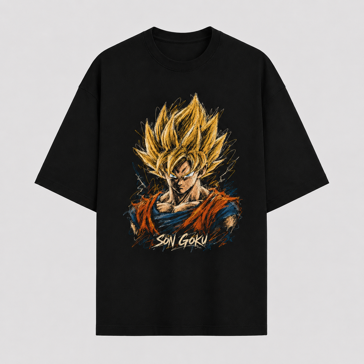 Dragon Ball Anime Graphic Tee - Son Goku: Sketched Gold, Quiet Resolve on Black