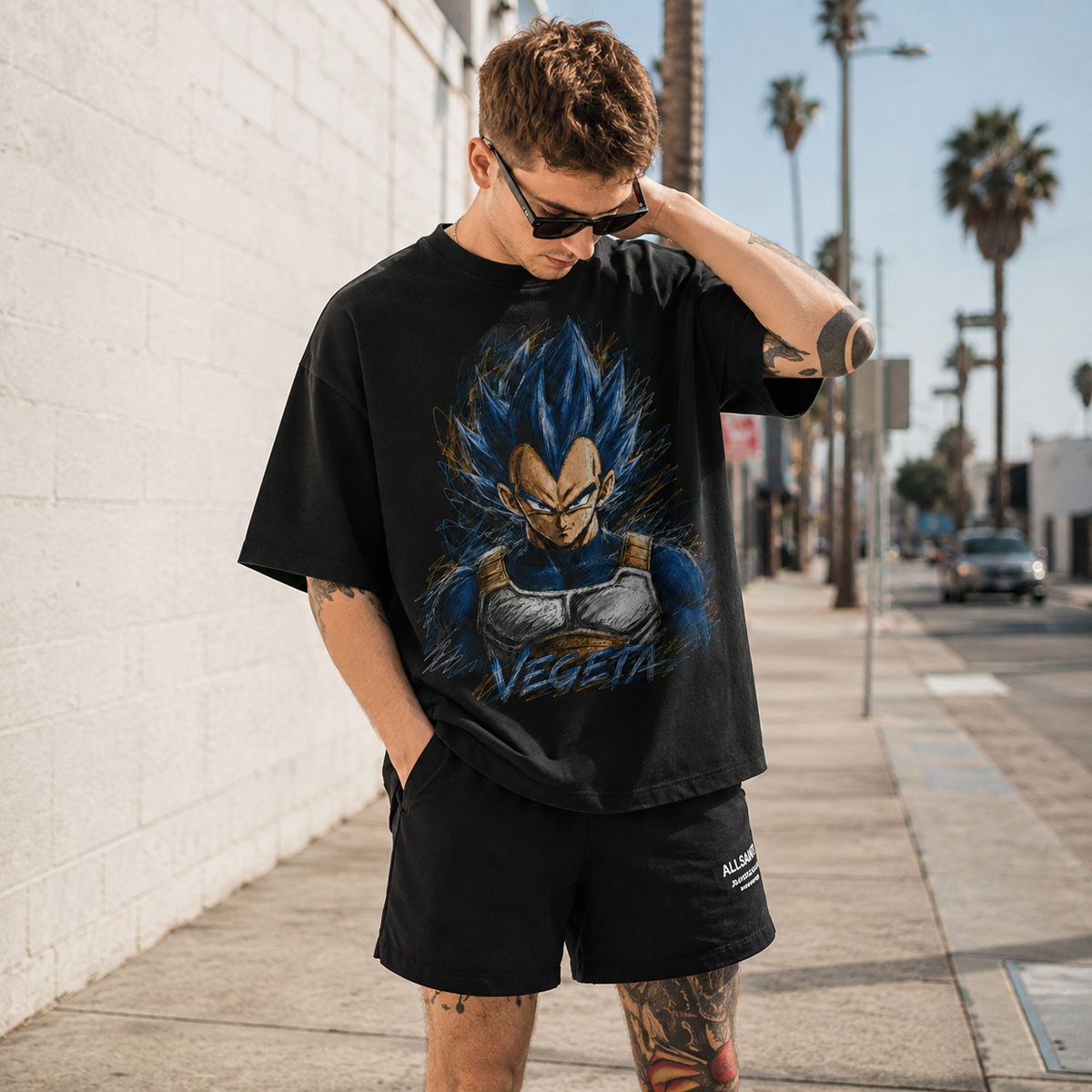 Dragon Ball Anime Graphic Tee - Controlled Chaos: Vegeta's Unbroken Stare in Blue Ink