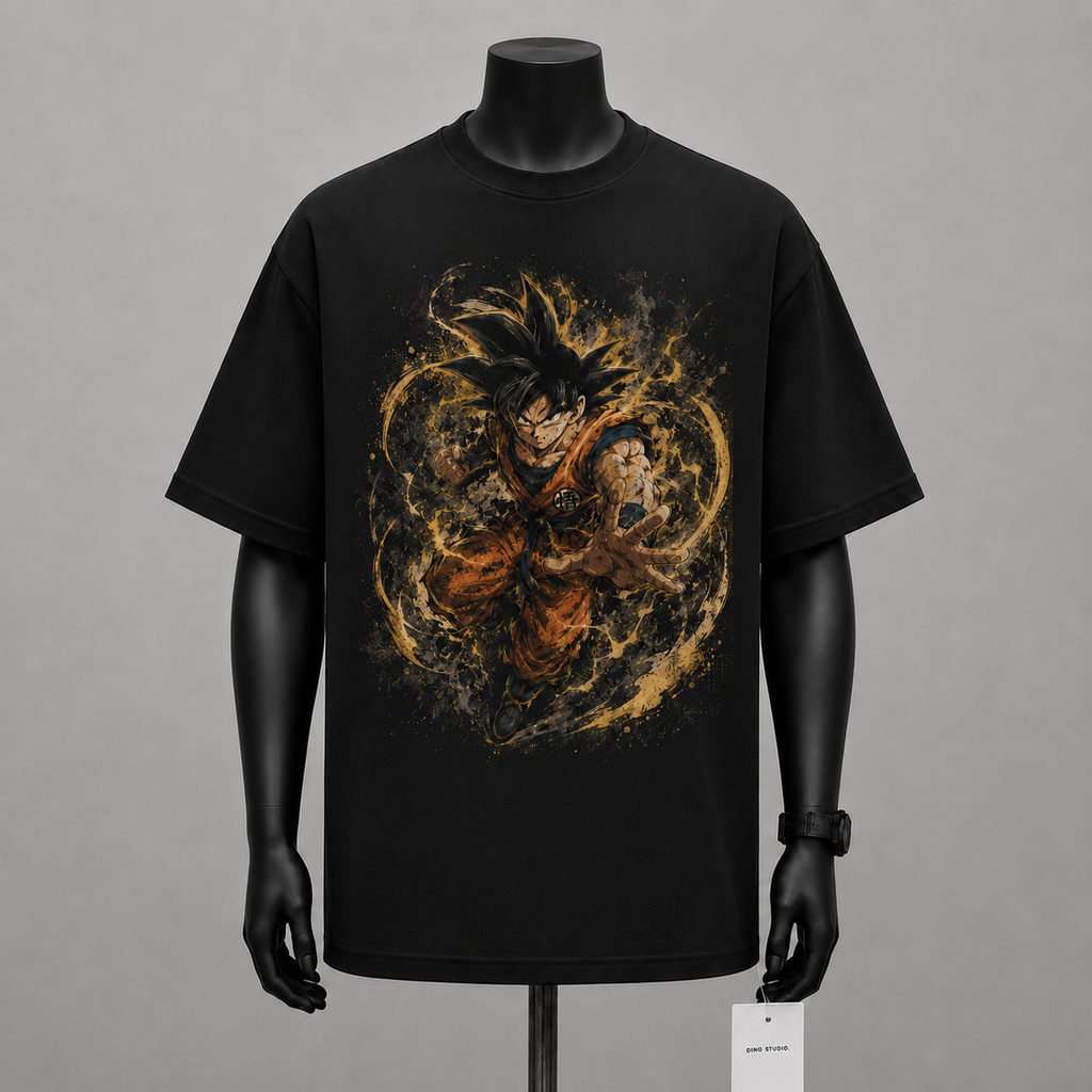 Dragon Ball Anime Graphic Tee - Amber Surge: Goku Unleashed, Directional