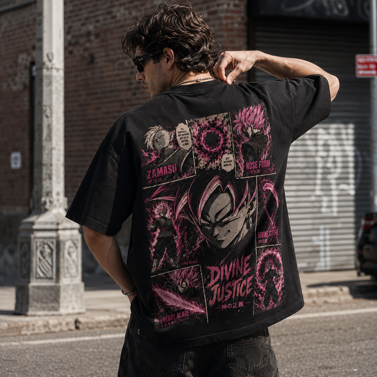 Dragon Ball Anime Graphic Tee - Divine Justice: Goku Black in Rose-Toned Panel Graphic