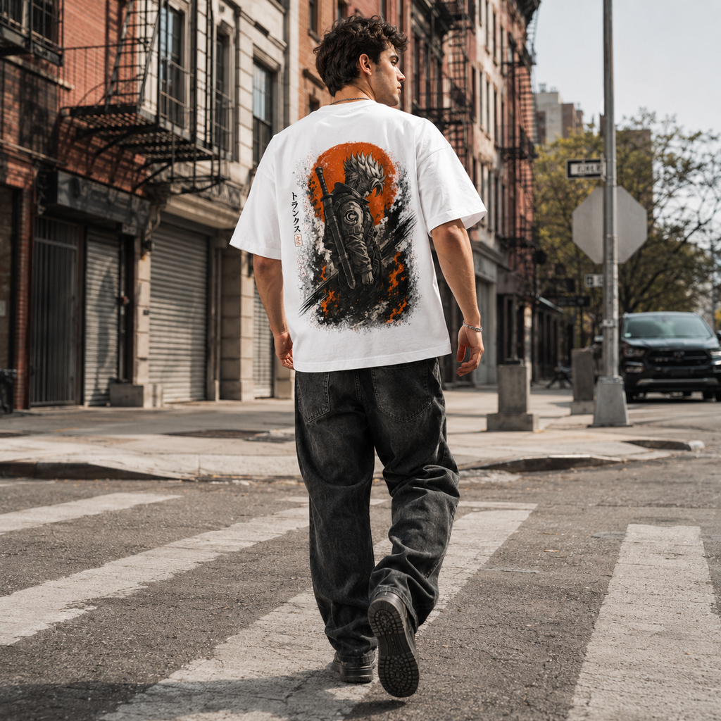 Dragon Ball Anime Graphic Tee - Trunks in Silhouette: Red Sun, Ink and Quiet Resolve