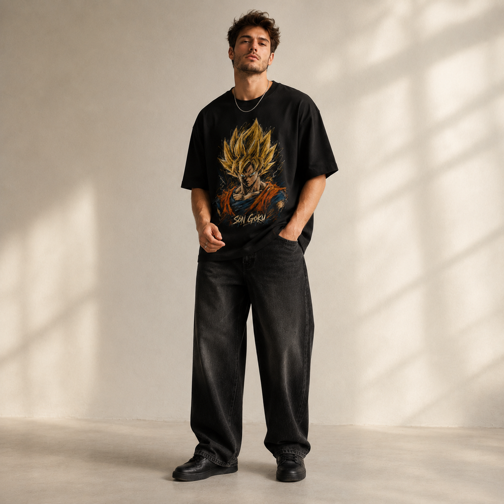 Dragon Ball Anime Graphic Tee - Son Goku: Sketched Gold, Quiet Resolve on Black