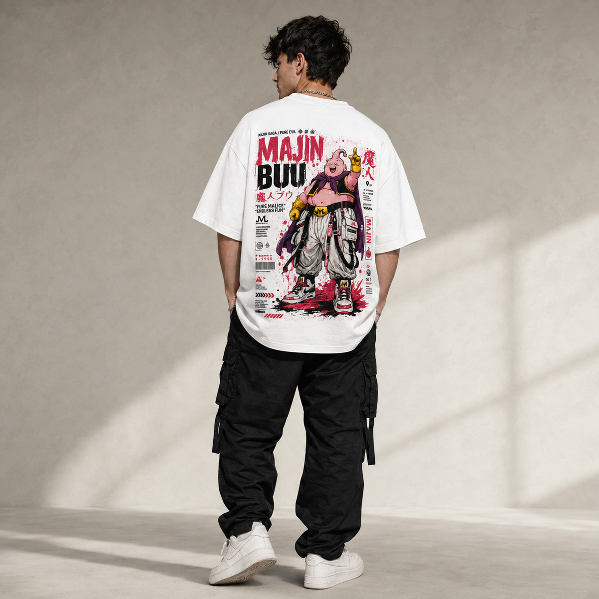 Dragon Ball Anime Graphic Tee - Endless Fun: Majin Buu, Magenta Splatter and a Raised Finger