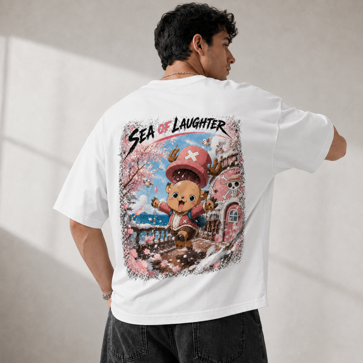 One Piece Anime Graphic Tee - Sea of Laughter: Chopper in Blossom, Movement and Joy