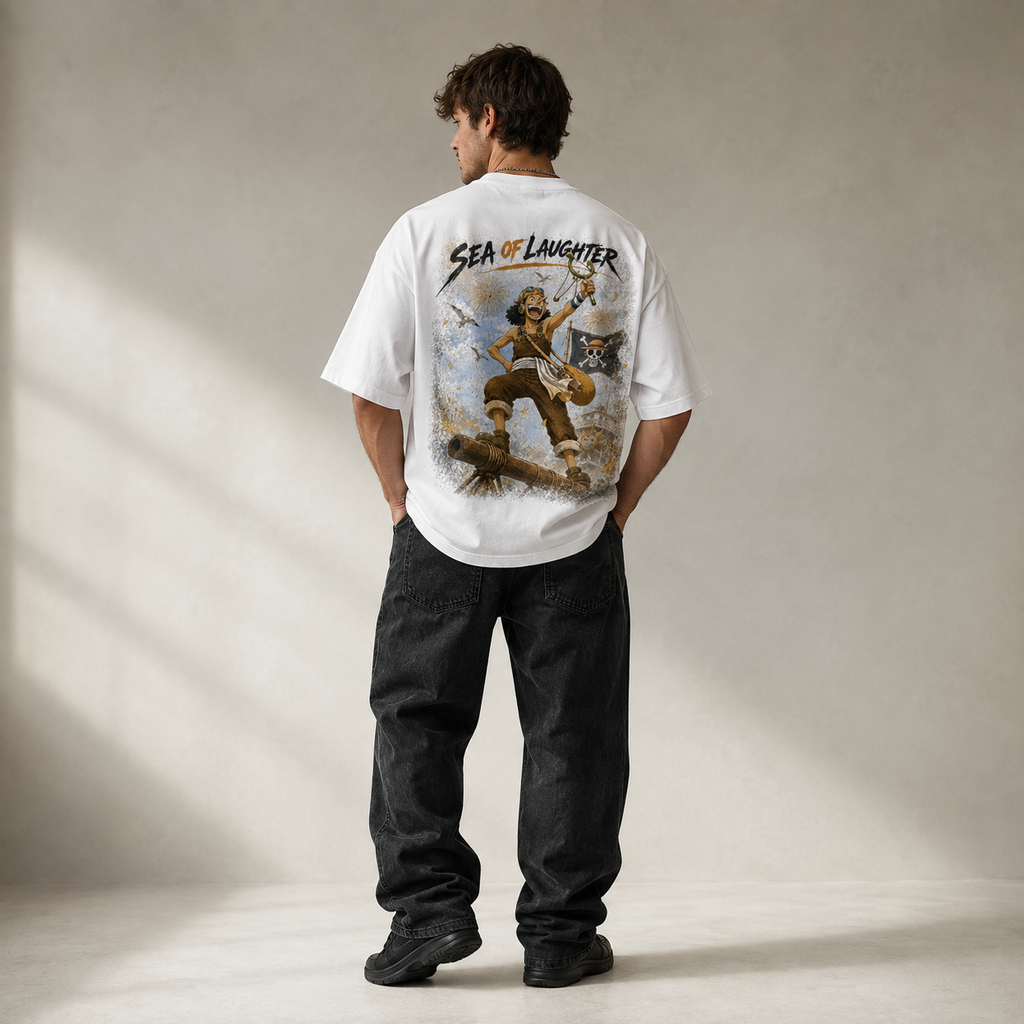 One Piece Anime Graphic Tee - Sea of Laughter: Usopp, the Cannon and the Raised Slingshot
