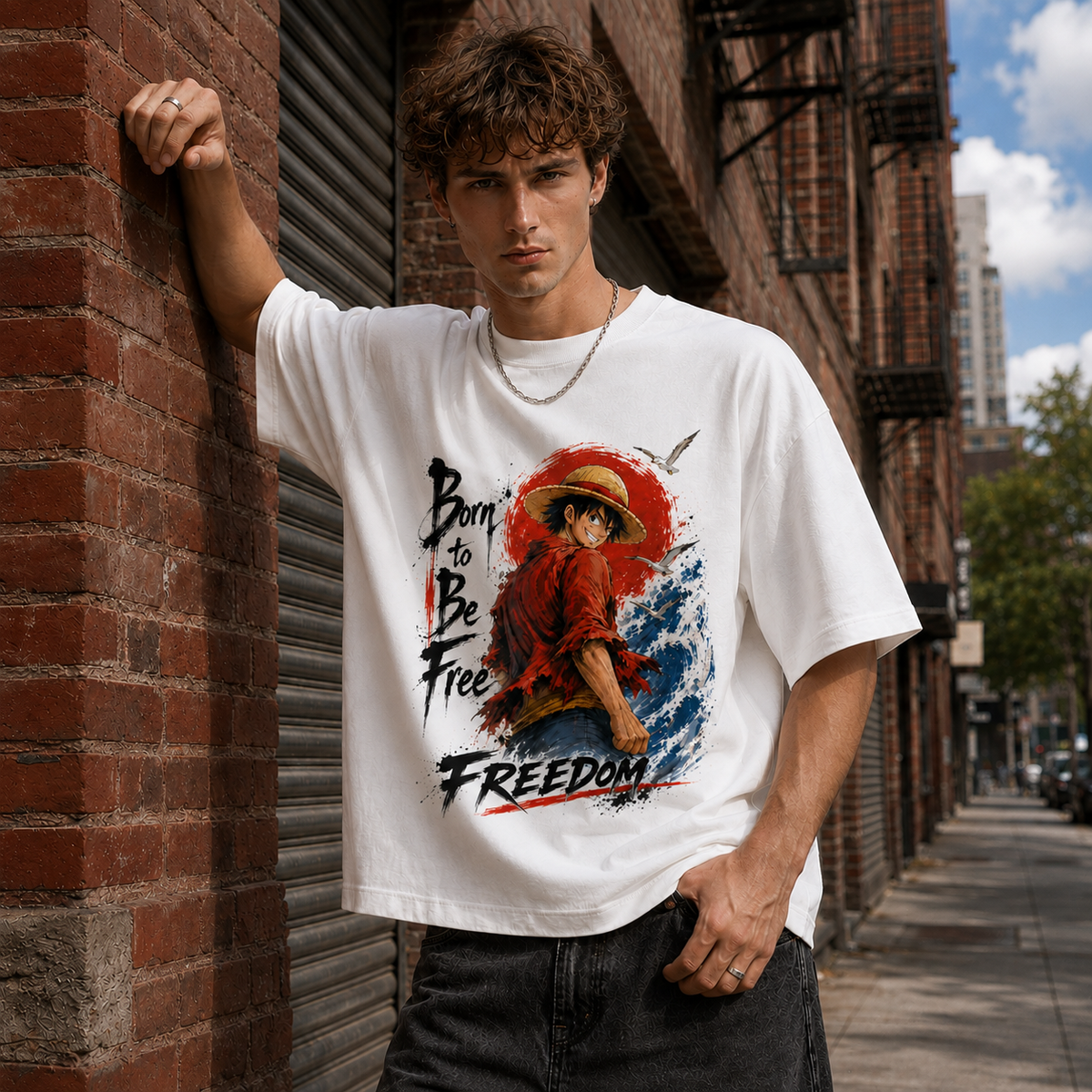 One Piece Anime Graphic Tee - Born to Be Free: Luffy, the Red Sun and a Backward Glance