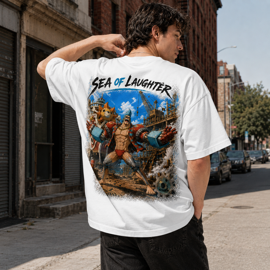 One Piece Anime Graphic Tee - Sea of Laughter: Franky, Dockyard Stance in Full Motion