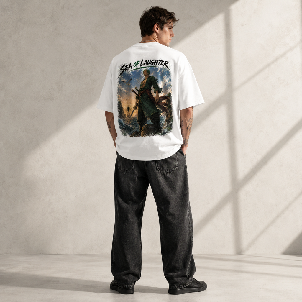 One Piece Anime Graphic Tee - Sea of Laughter: Zoro's Steady Stance Above the Tide