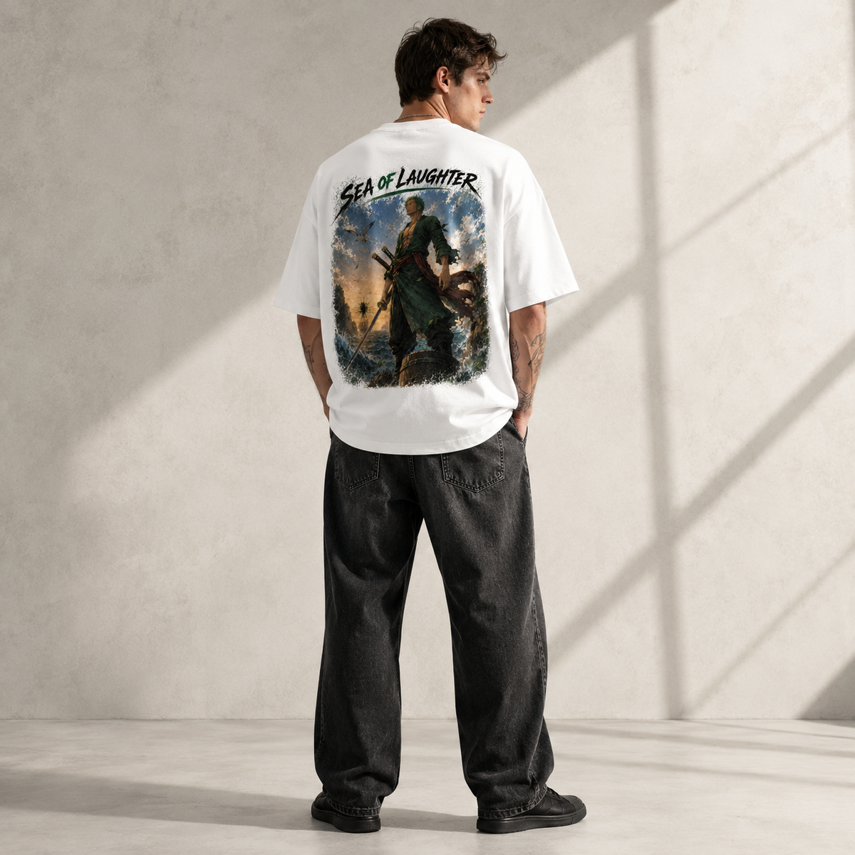 One Piece Anime Graphic Tee - Sea of Laughter: Zoro's Steady Stance Above the Tide
