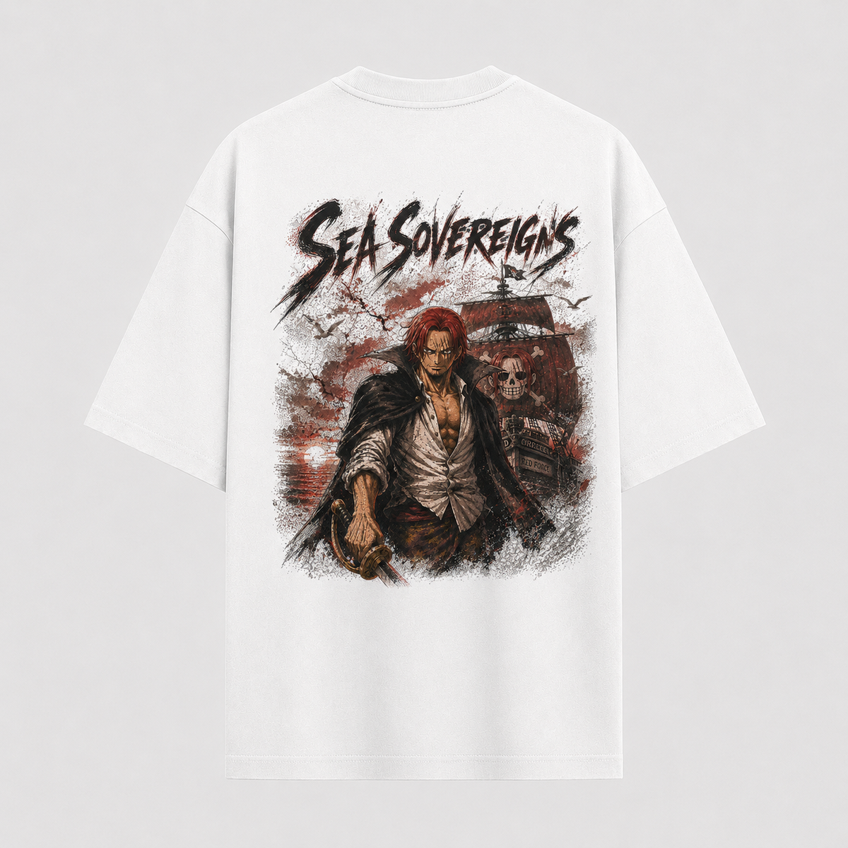 One Piece Anime Graphic Tee - Sea Sovereigns: Shanks, Crimson Ink and Commanding Presence