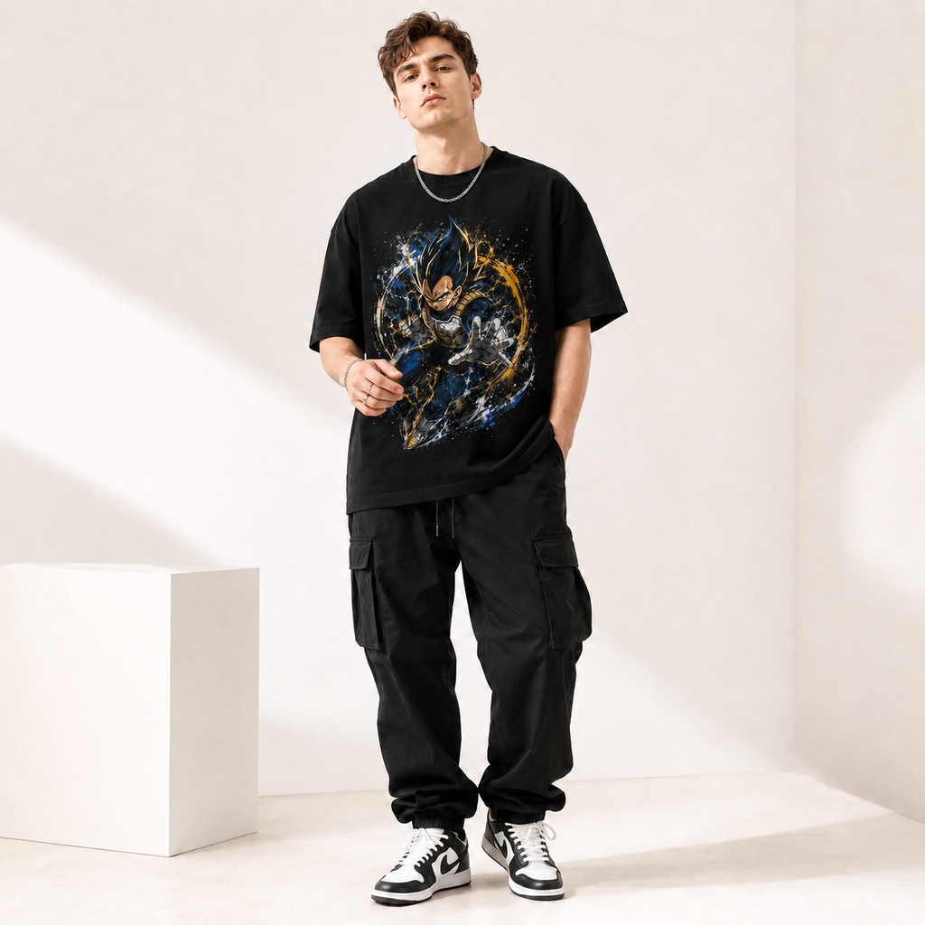 Dragon Ball Anime Graphic Tee - Obsidian Charge: Vegeta, Gold Arcs and Explosive Form