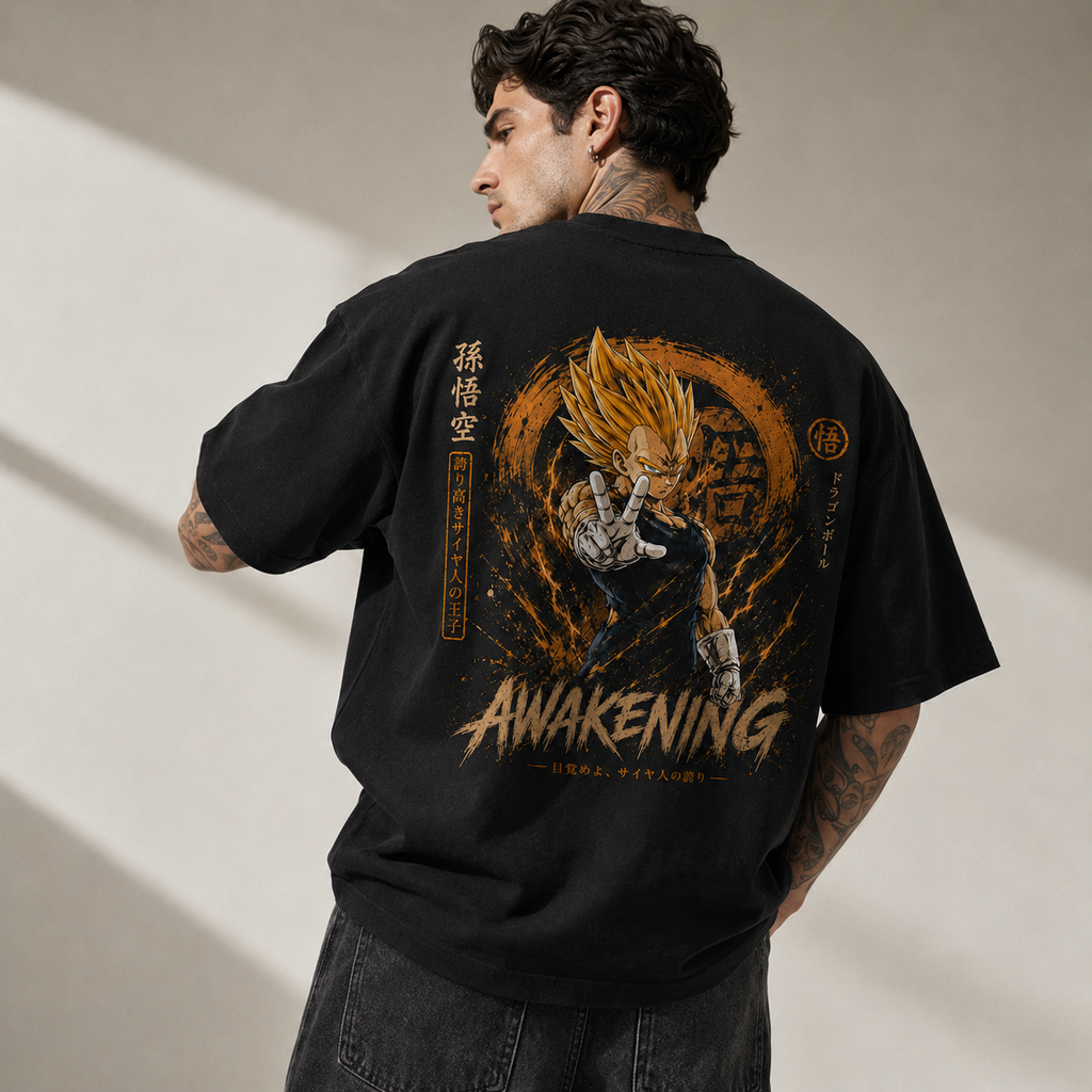 Dragon Ball Anime Graphic Tee - Awakening: Vegeta in Amber Aura, Directional