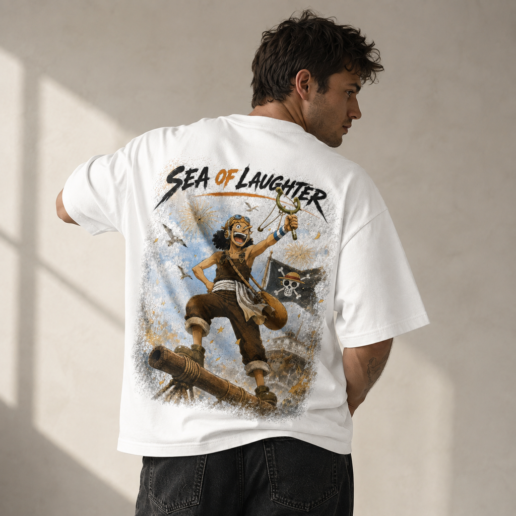 One Piece Anime Graphic Tee - Sea of Laughter: Usopp, the Cannon and the Raised Slingshot