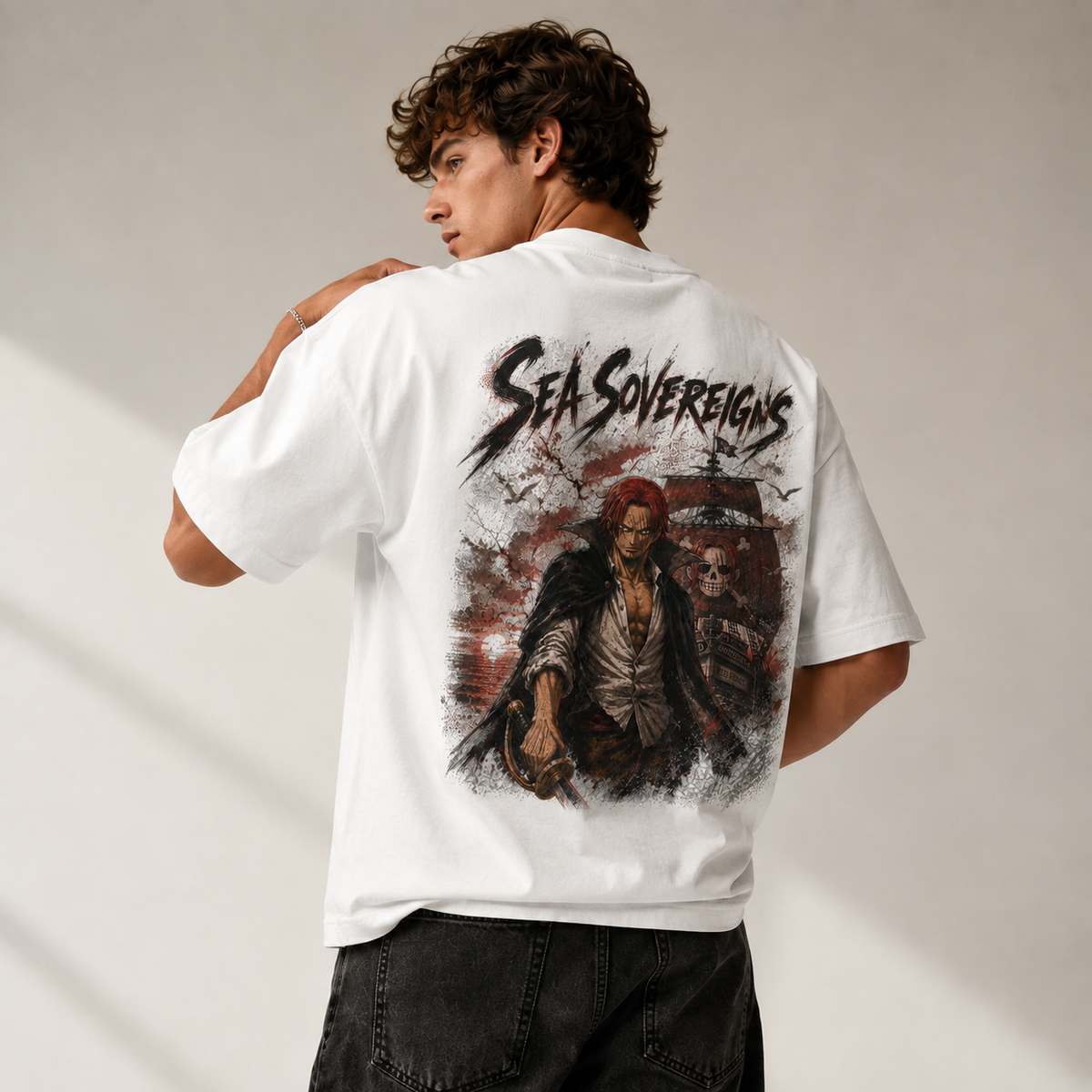 One Piece Anime Graphic Tee - Sea Sovereigns: Shanks, Crimson Ink and Commanding Presence