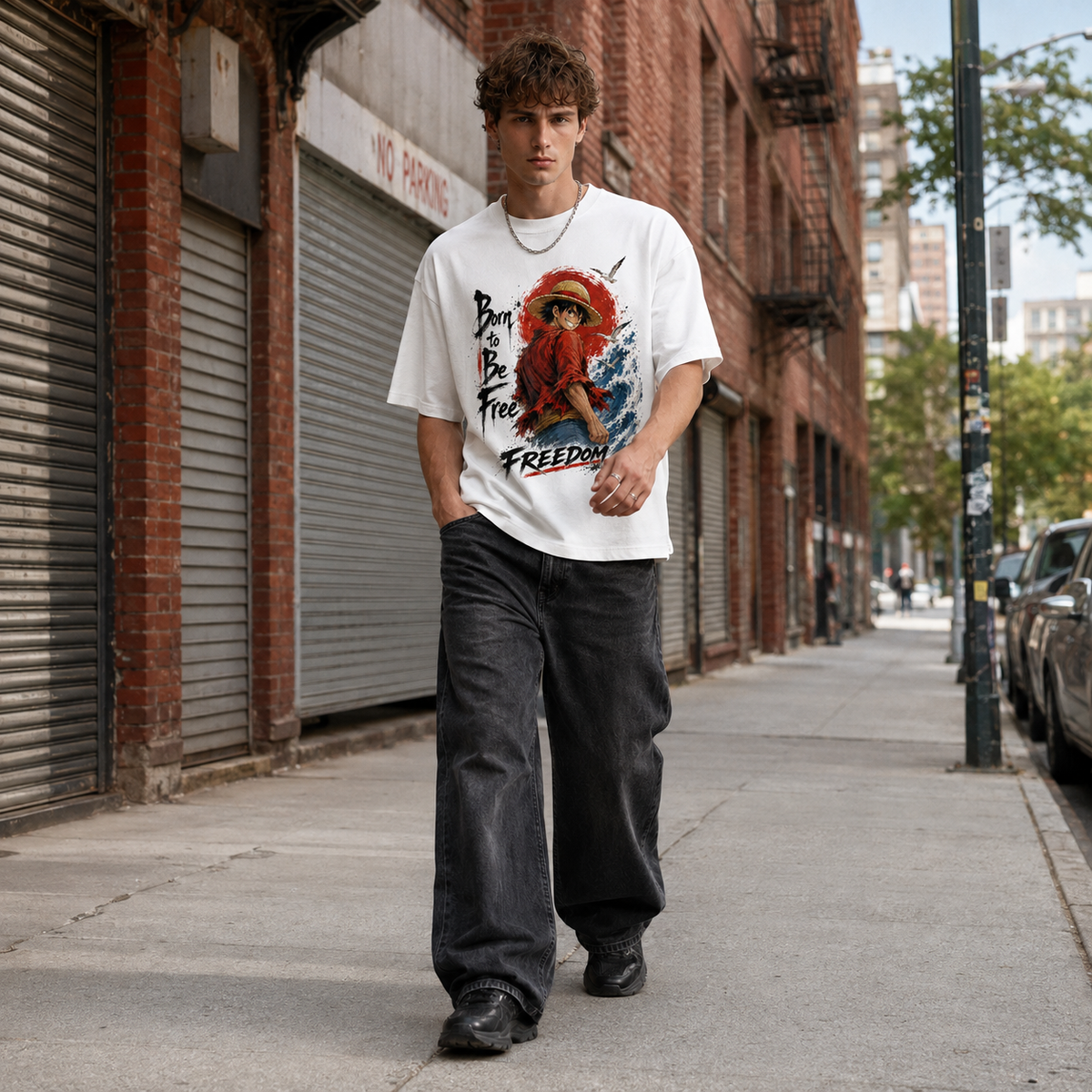 One Piece Anime Graphic Tee - Born to Be Free: Luffy, the Red Sun and a Backward Glance