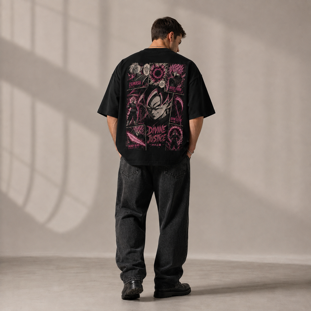Dragon Ball Anime Graphic Tee - Divine Justice: Goku Black in Rose-Toned Panel Graphic