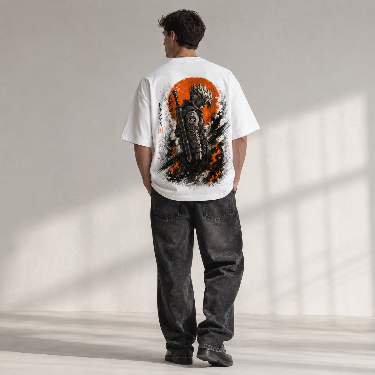 Dragon Ball Anime Graphic Tee - Trunks in Silhouette: Red Sun, Ink and Quiet Resolve
