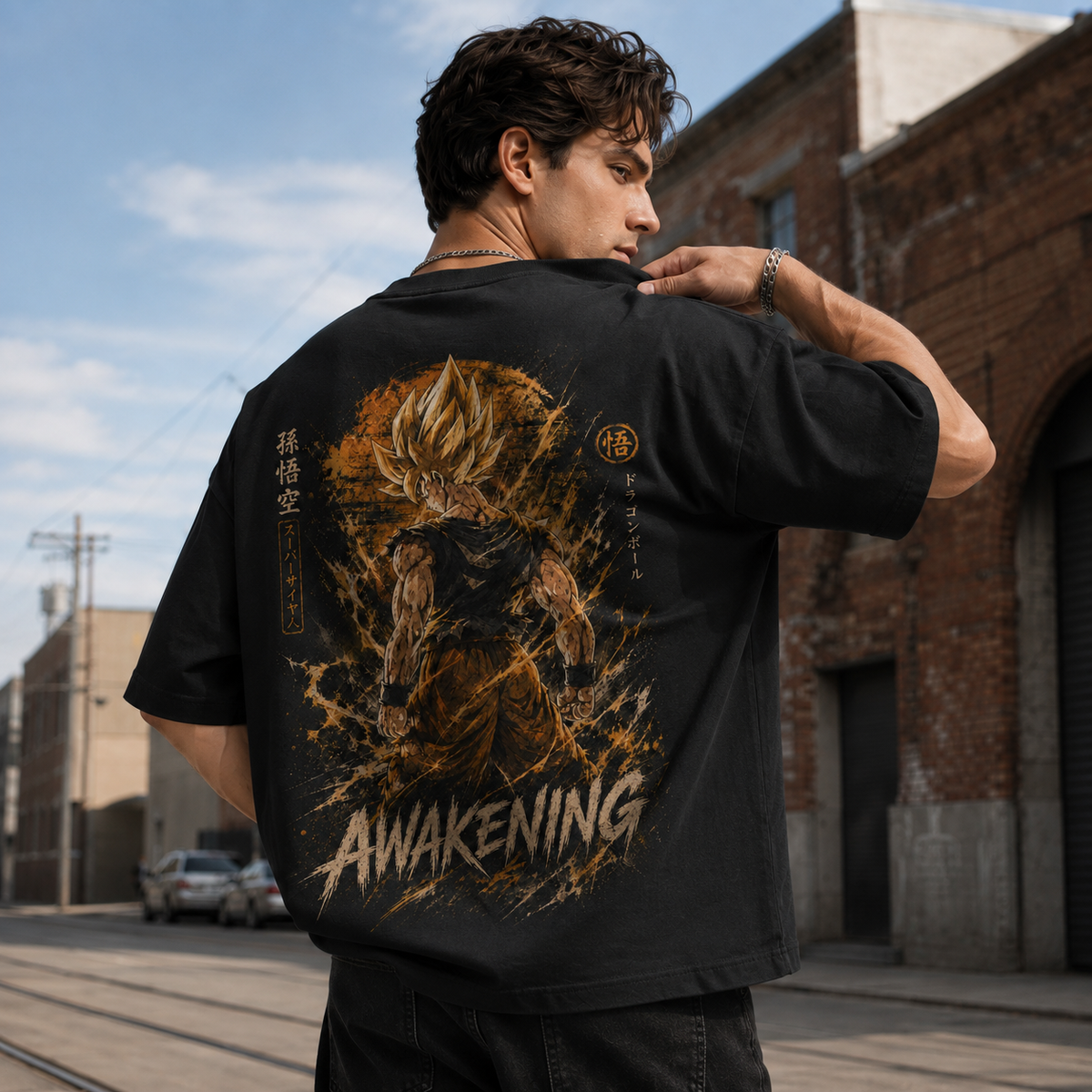 Dragon Ball Anime Graphic Tee - Awakening: Goku Mid-Transformation, Raw Power in Gold