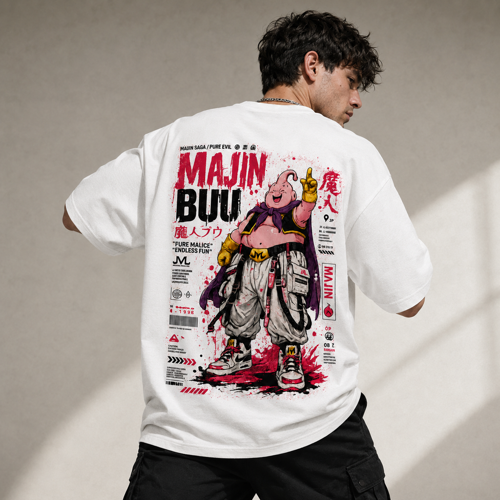 Dragon Ball Anime Graphic Tee - Endless Fun: Majin Buu, Magenta Splatter and a Raised Finger