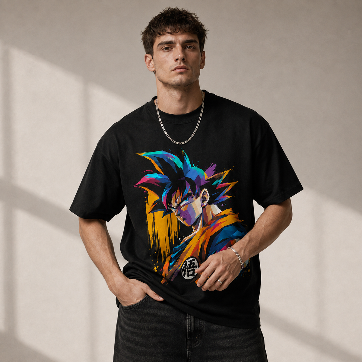 Dragon Ball Anime Graphic Tee - Kanji and Colour: Goku in a Portrait of Quiet Resolve