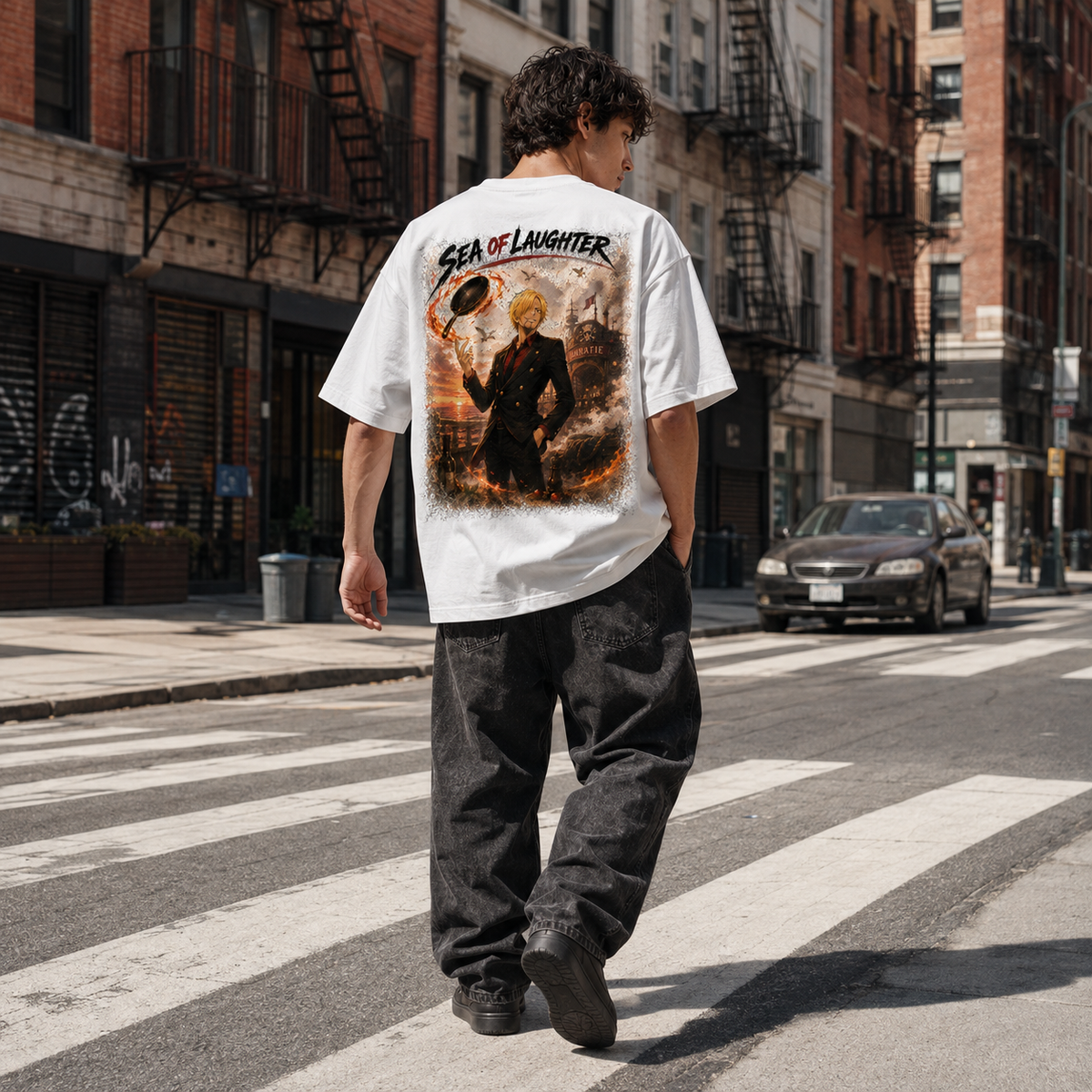 One Piece Anime Graphic Tee - Sea of Laughter: Sanji, the Spinning Pan and the Baratie Glow
