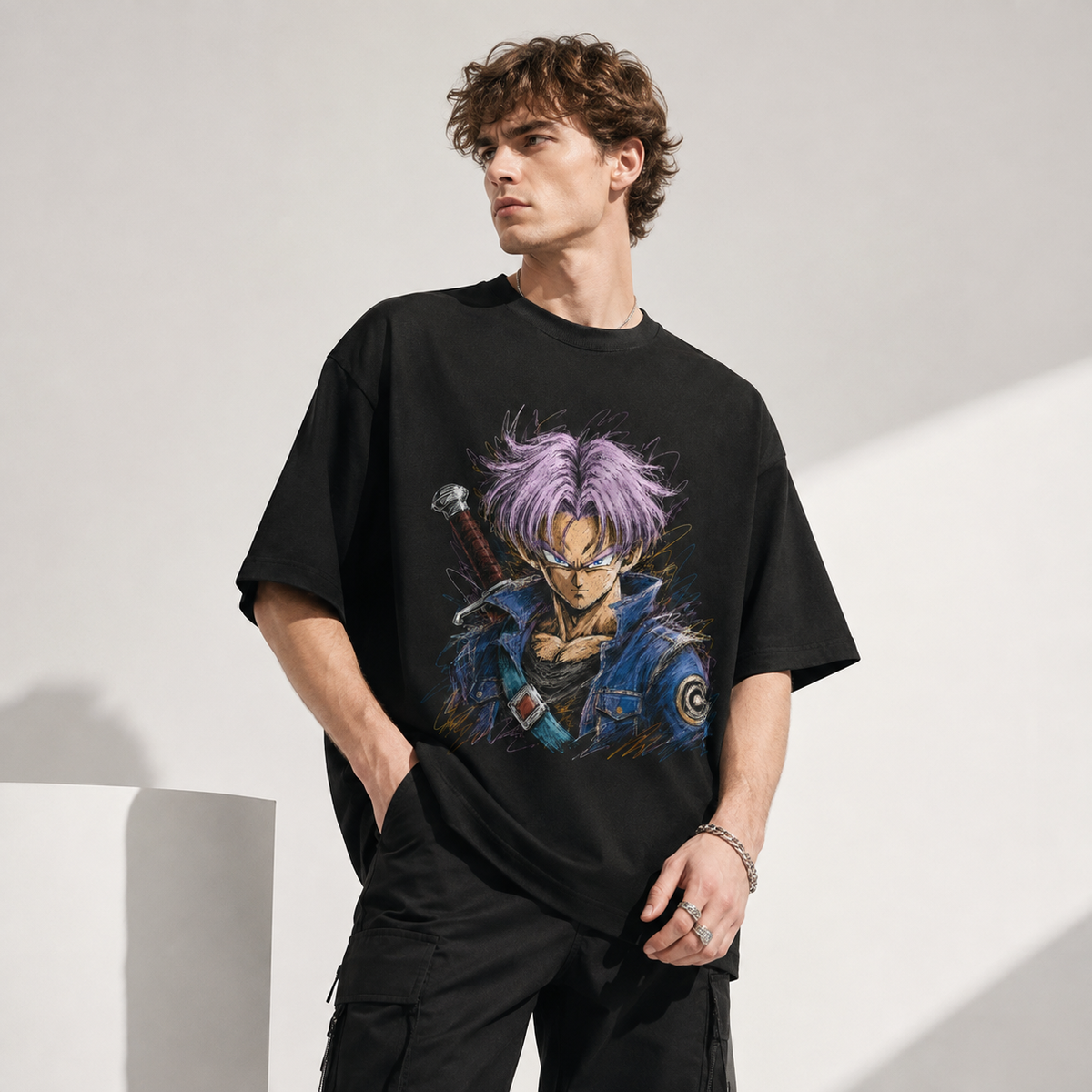 Dragon Ball Anime Graphic Tee - Sketched Resolve: Trunks, Lavender Lines and a Steady Stare