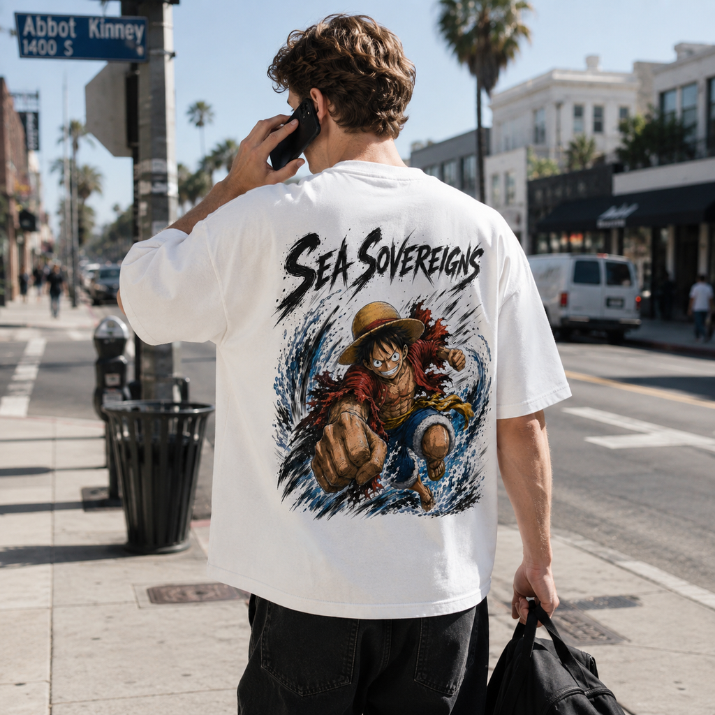 One Piece Anime Graphic Tee - Sea Sovereigns: Luffy Full Force Oversized Streetwear