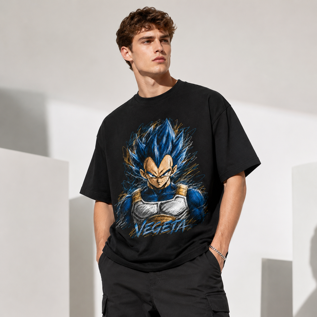 Dragon Ball Anime Graphic Tee - Controlled Chaos: Vegeta's Unbroken Stare in Blue Ink
