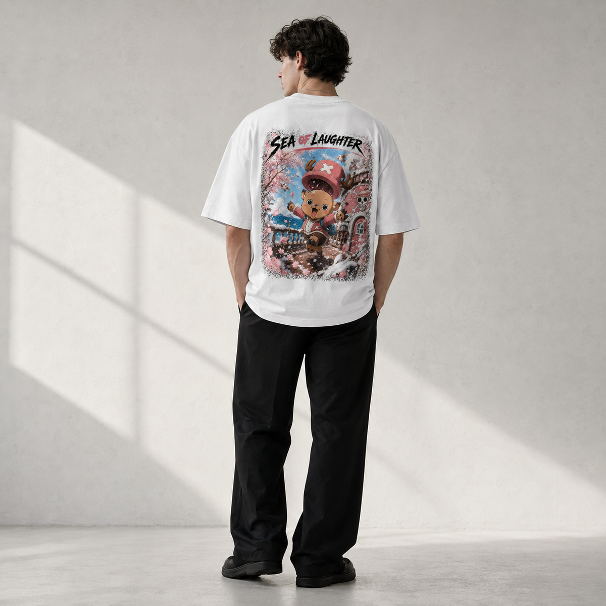 One Piece Anime Graphic Tee - Sea of Laughter: Chopper in Blossom, Movement and Joy