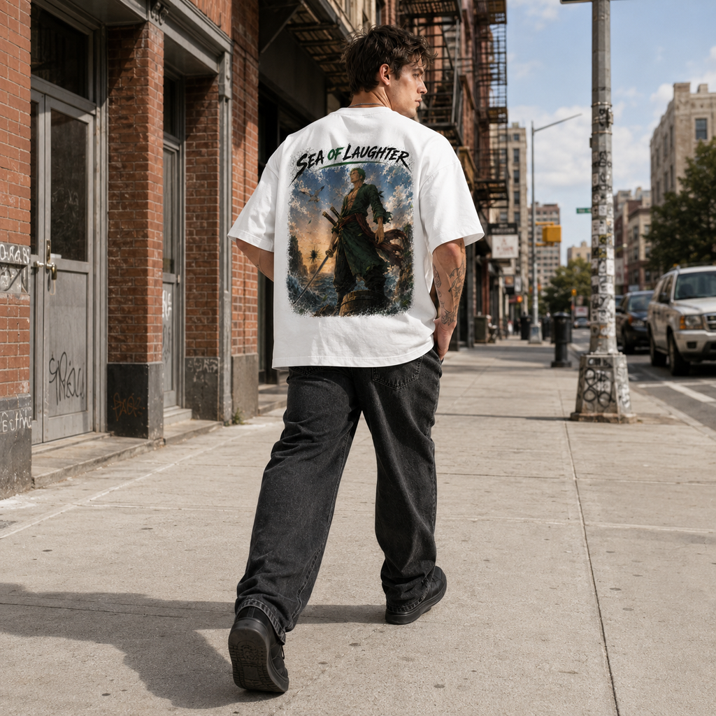 One Piece Anime Graphic Tee - Sea of Laughter: Zoro's Steady Stance Above the Tide