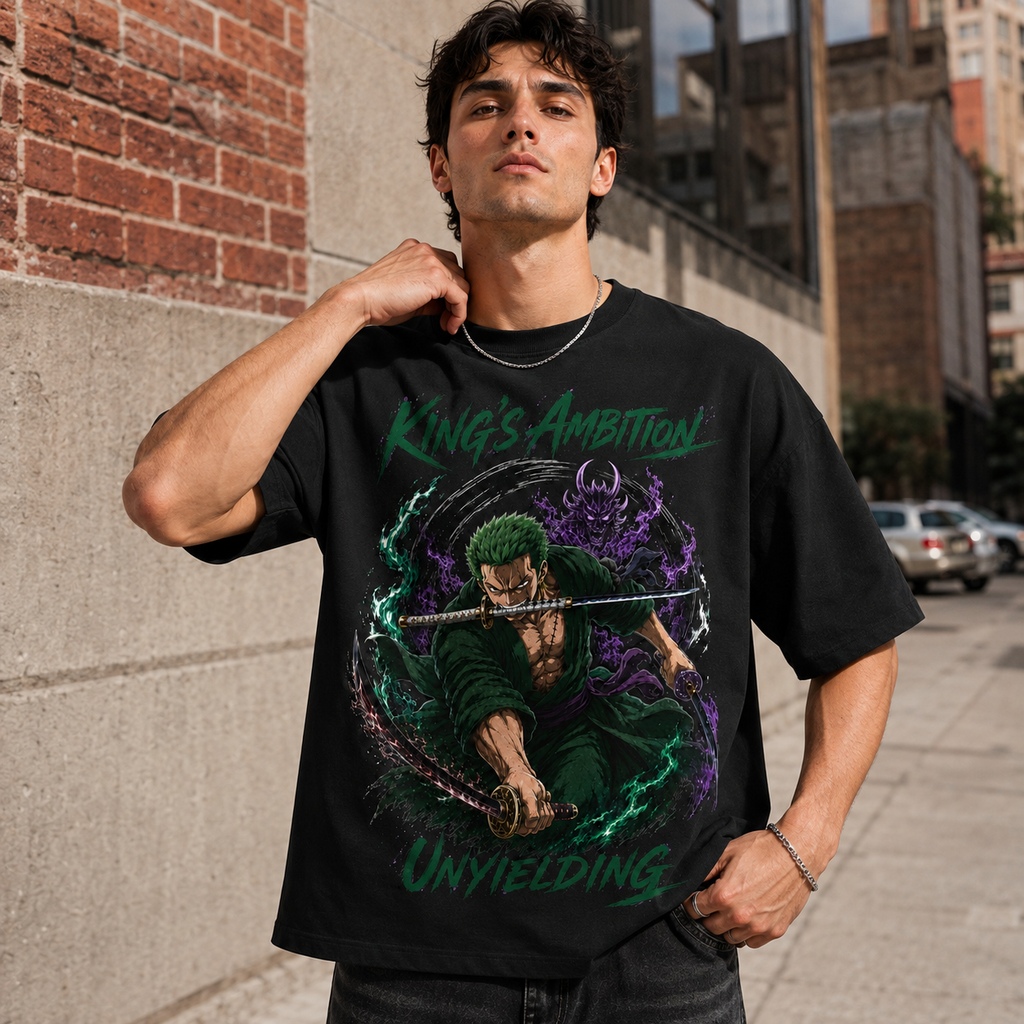 One Piece Anime Graphic Tee - King's Ambition Unyielding: Zoro Three-Sword Strike