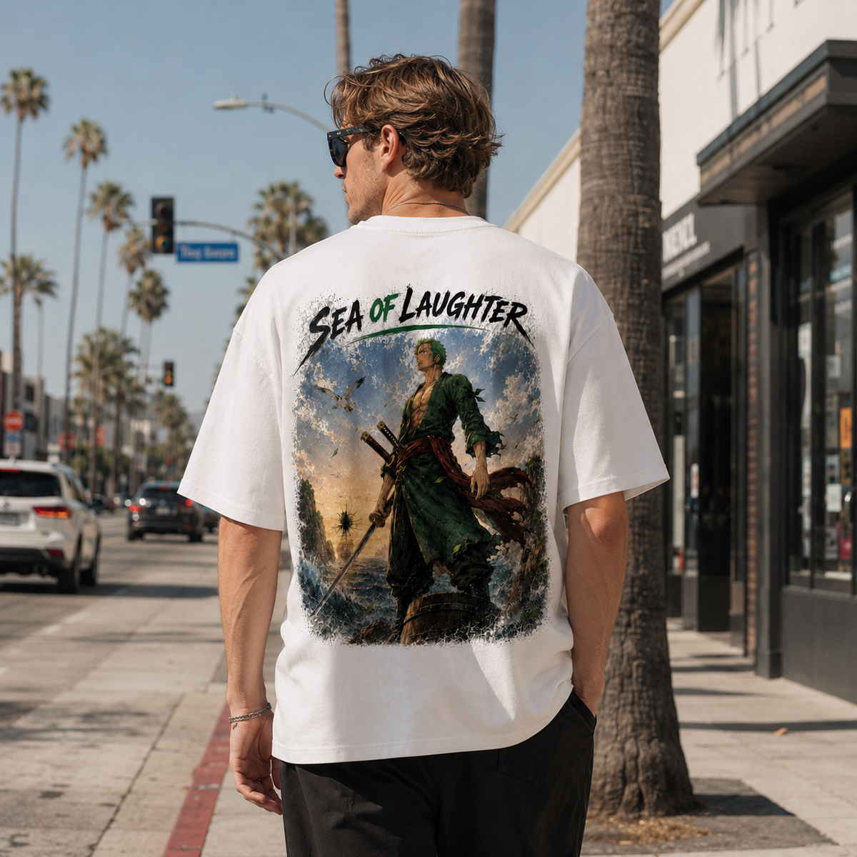 One Piece Anime Graphic Tee - Sea of Laughter: Zoro's Steady Stance Above the Tide