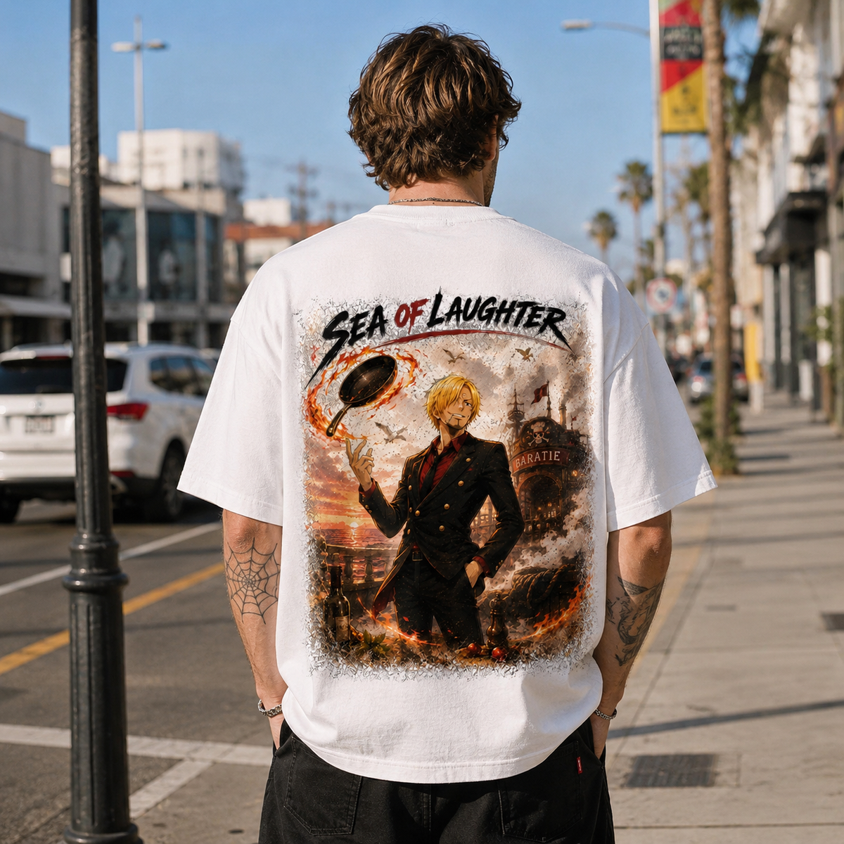 One Piece Anime Graphic Tee - Sea of Laughter: Sanji, the Spinning Pan and the Baratie Glow